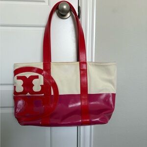 Tory Burch Stylish Red and Cream Tote Bag